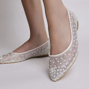 Bridal Smilee Size 39, 8.5 Elegant White Pearl Embellished Flats, Skim Bottom
